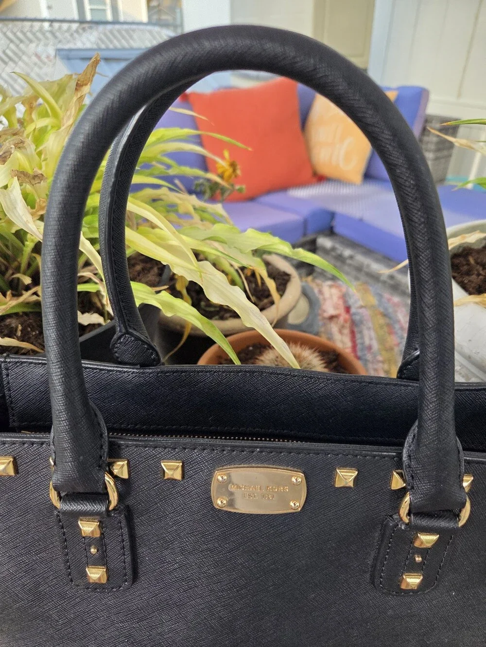 Michael Kors Saffiano Leather Black PX-1704 Sandrine Studded Tote Bag